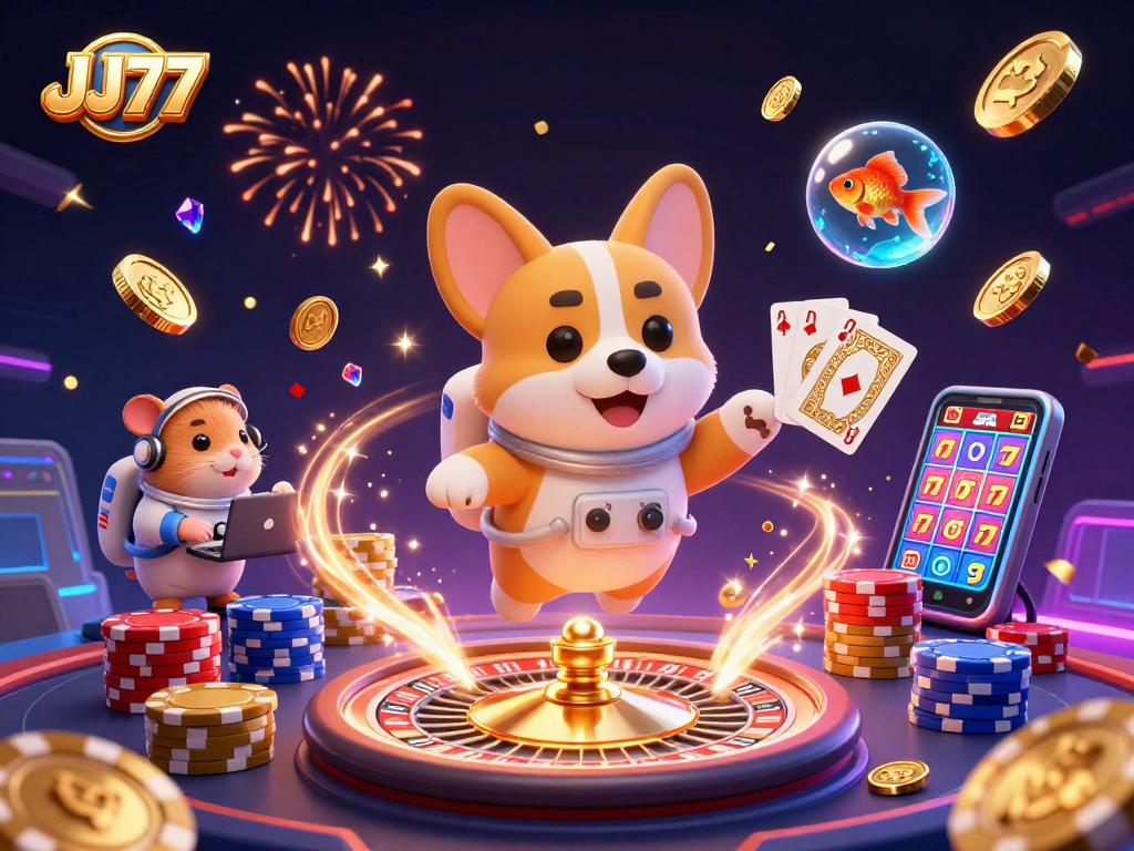 Engage with JJ77's thrilling universe as a cartoon astronaut corgi plays in a vibrant space station casino.