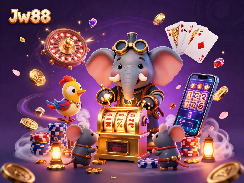 Spin and win with Jw 88's vibrant casino scene, featuring steampunk characters and dazzling slot elements.