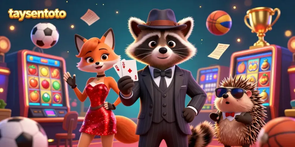 Experience the excitement of taysentoto in this dynamic casino scene with a suave raccoon and friends.