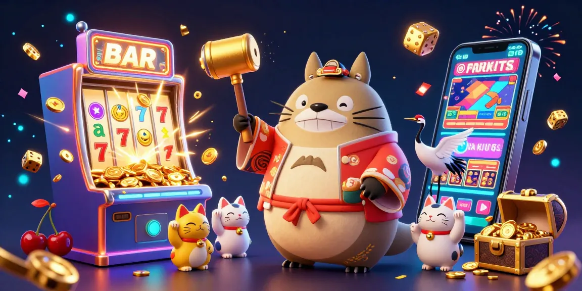 Experience excitement with HOKI368, featuring a tanuki in celebration surrounded by casino elements and fortune cats.