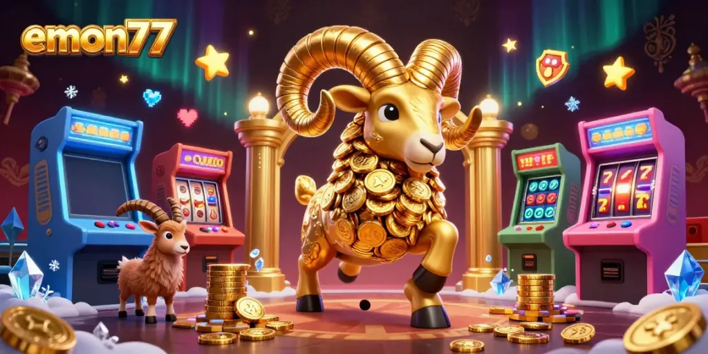 Experience the excitement of emon77 slots with golden ram charging through a vibrant casino scene.