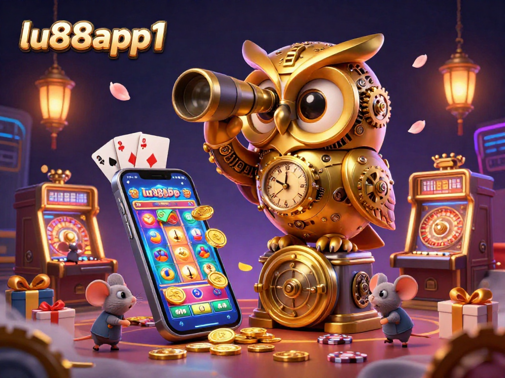 Experience the thrilling casino atmosphere of lu88app1 with a golden owl and lively characters.