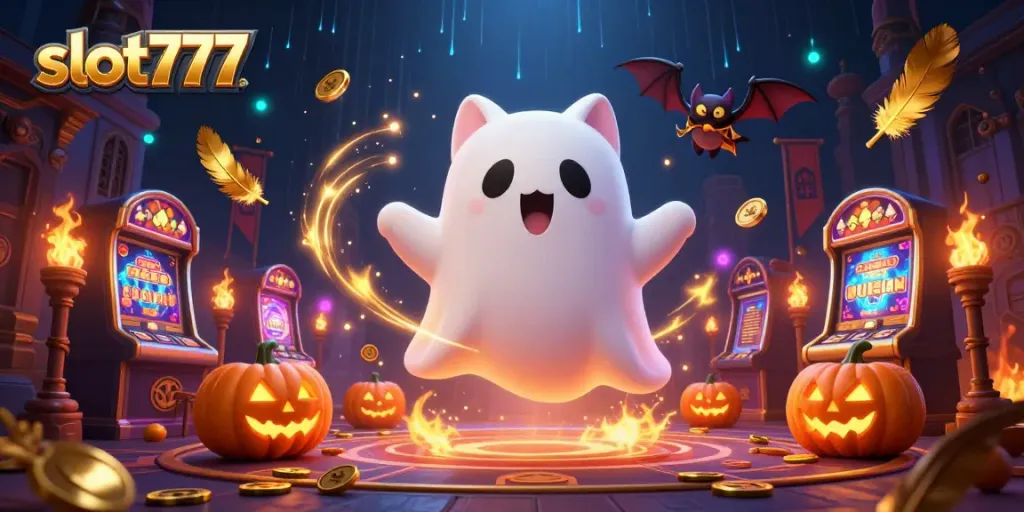 Spin slot777 to win big in a haunted casino with ghost cats and vibrant jack-o-lanterns!