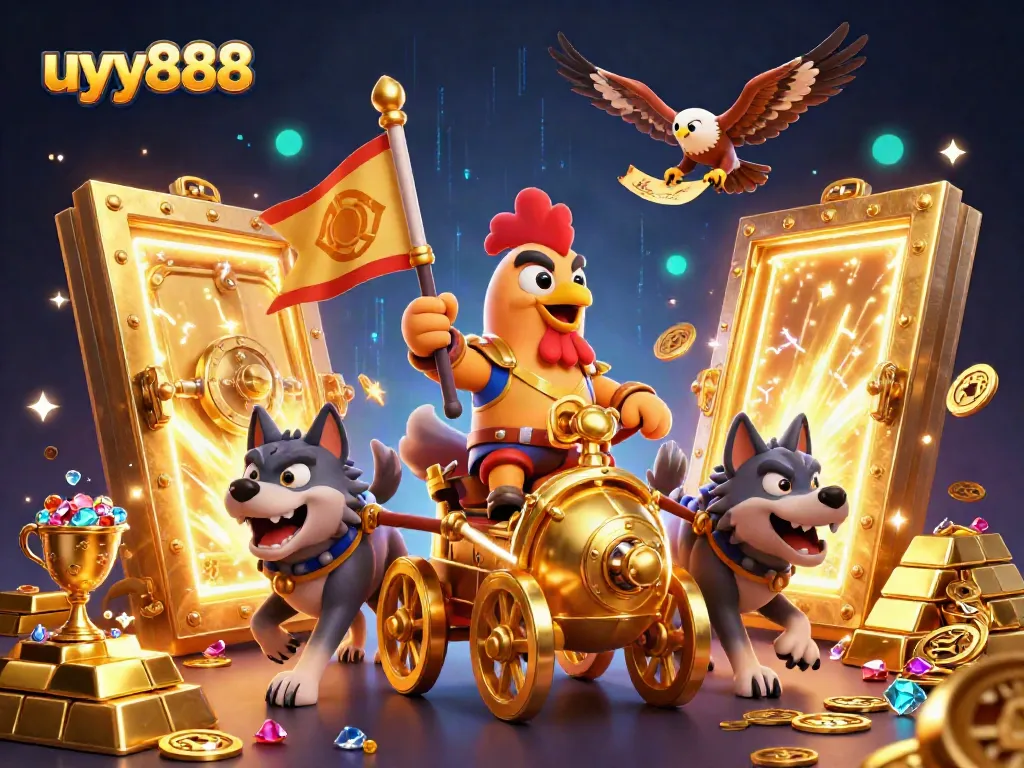 Experience thrilling gameplay with uyy888's dynamic casino adventure featuring a rooster warlord and treasures.