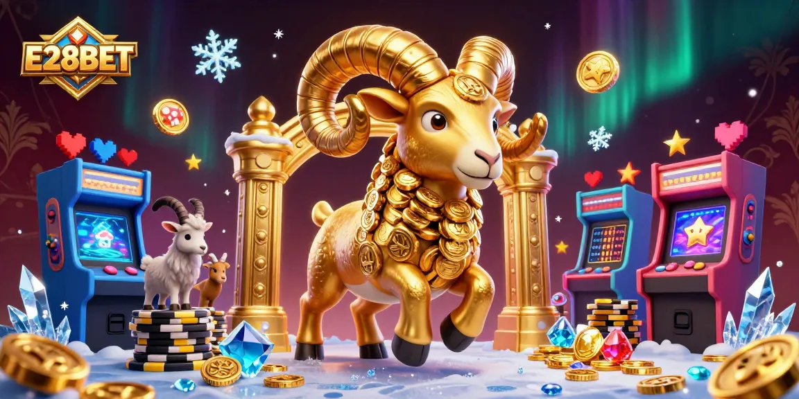Engage with E28BET as the golden ram charges through a vibrant casino world filled with gaming excitement.