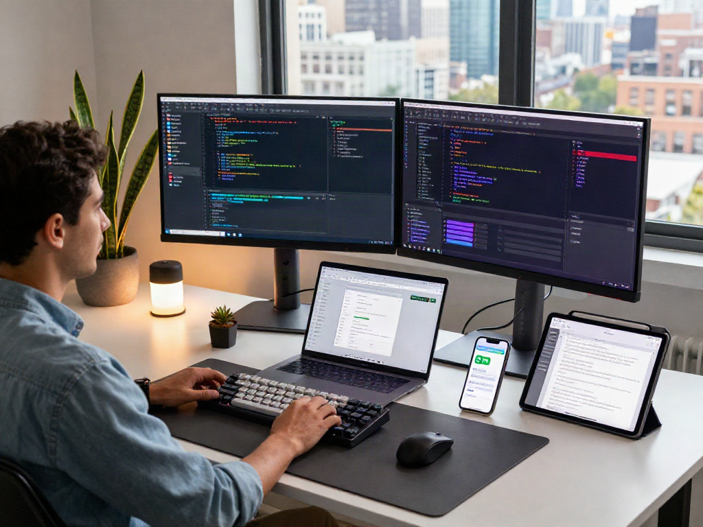 SGA33 menampilkan workspace pengembangan perangkat lunak modern dengan elemen teknologi inovatif.