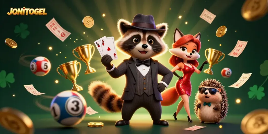 Experience the thrilling world of JONITOGEL with exciting lottery characters in a vibrant scene.