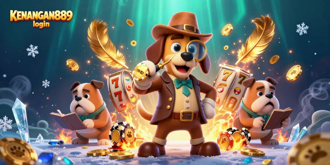 Inspect the KENANGAN889 login with a cartoon detective unraveling clues at a vibrant online slot casino.