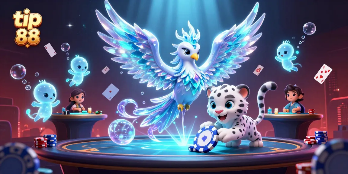 Experience the thrill of tip 88 gaming with an ice phoenix, playful cub, and dynamic casino elements.
