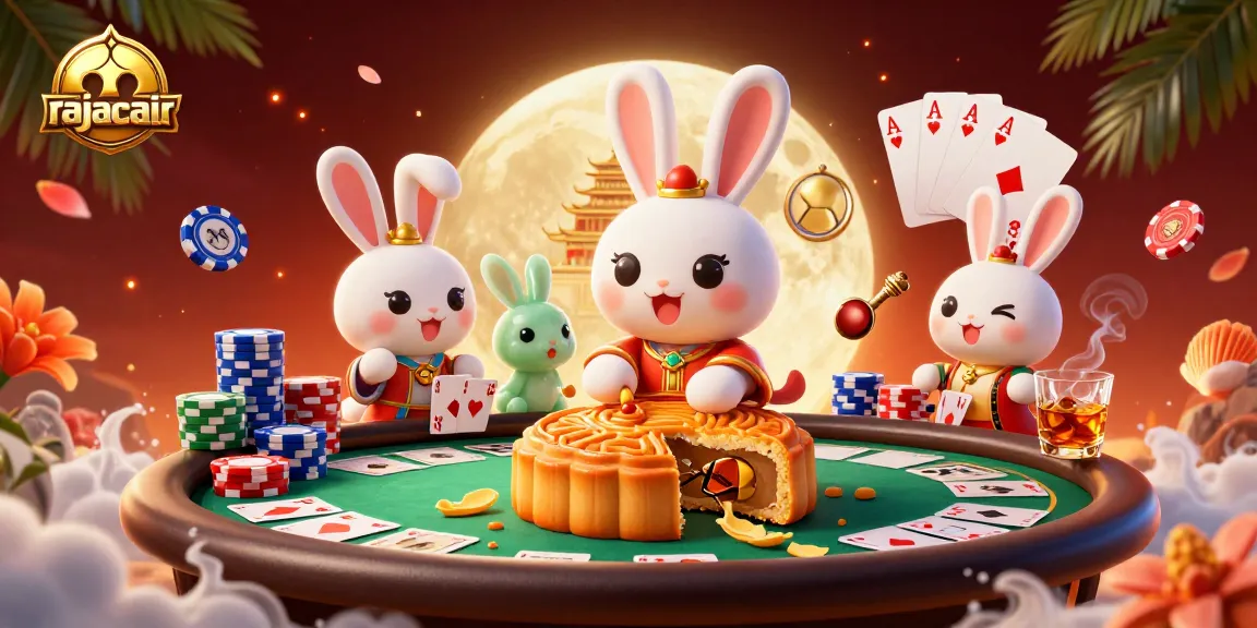 Rajacair menghadirkan ilustrasi kasino 3D dengan karakter kelinci bulan dan chip poker.