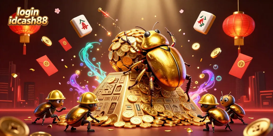 Experience the thrill of login idcash88 with vibrant casino heroes amid floating mahjong tiles and luminous decorations.