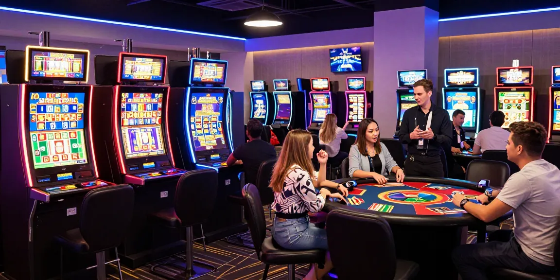Ruang permainan slot digital kangbet yang ceria dengan pemain yang bersemangat dan pencahayaan neon
