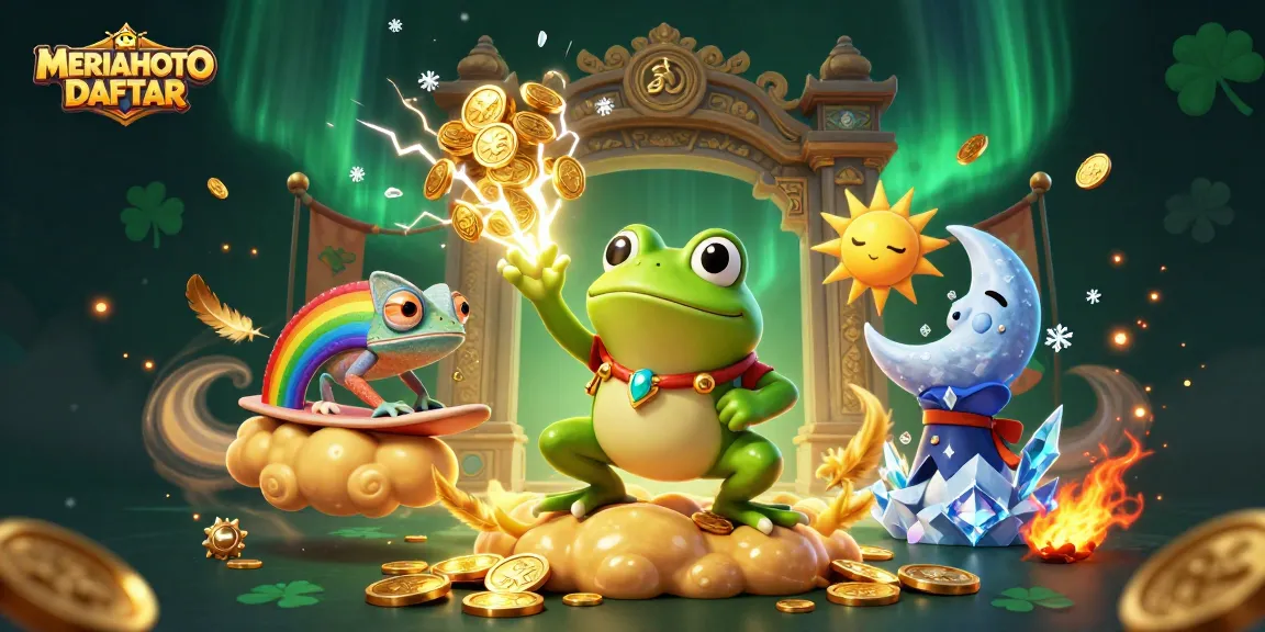 Meriahtoto Daftar memperlihatkan penyihir katak dan chameleon berselancar di awan emas.