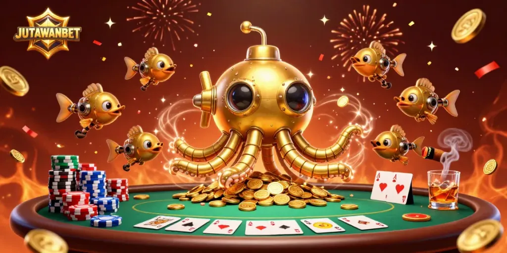 Engage with JUTAWANBET in a dynamic casino scene showcasing thrilling poker action and golden treasure.