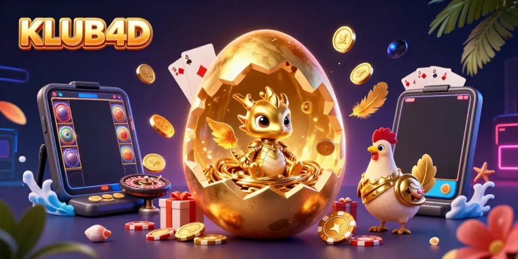 Permainan slot dan naga emas di KLUB4D, ilustrasi 3D menarik untuk permainan kasino.