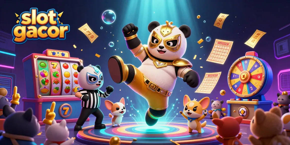 Memenangkan slot gacor dengan panda juara bertarung di tengah berbagai simbol judi yang meriah.