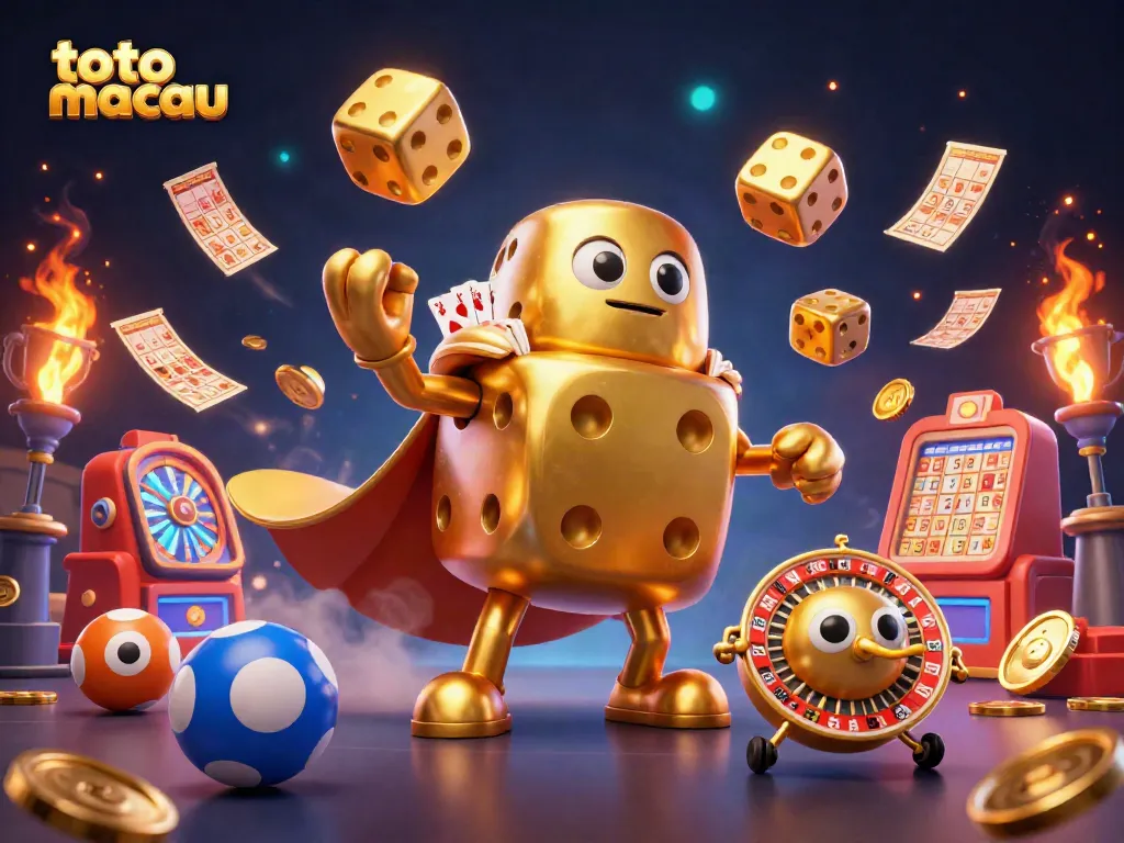 Menangkap momen seru toto macau dengan karakter dadu emas dalam aksi, menggocek bola lotere.