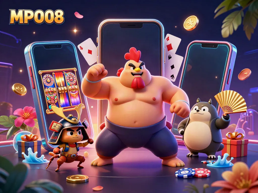 Experience the excitement of MPO08 with a dynamic scene featuring a powerful sumo wrestler rooster and samurai cricket in a vibrant casino setting.