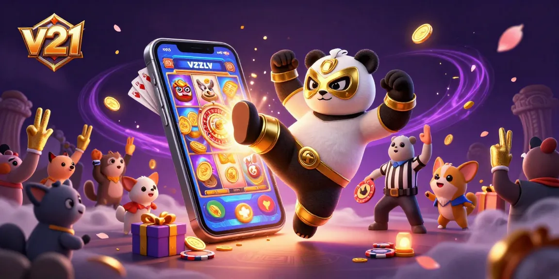 v21 menunjukkan panda pegulat dengan kick terbang di kasino, dikelilingi permainan slot dan koin emas