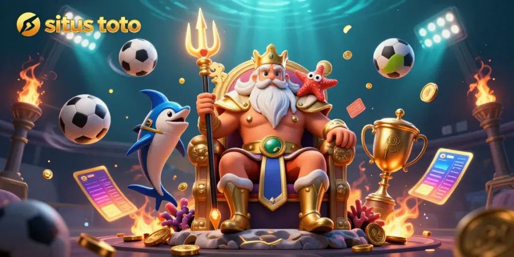 Experience the excitement of situs toto with Neptune and sports elements in this vibrant 3D illustration.