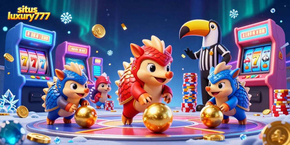 Engaging 3D illustration featuring situs luxury777 with playful pangolins bowling through poker chips amid colorful arcade elements.