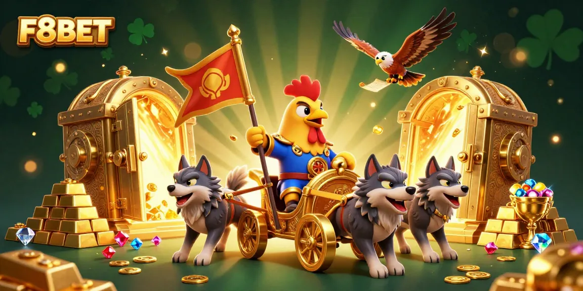 F8BET showcases a thrilling casino adventure with a rooster warlord and treasure.