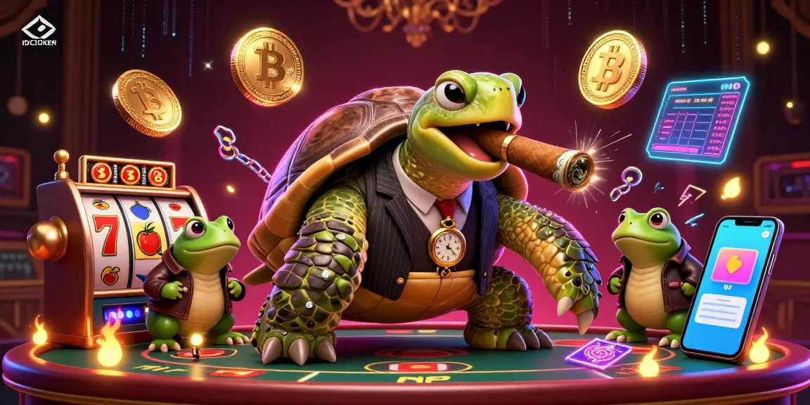 Engage with IDCJOKER's vibrant casino scene featuring a snapping turtle in a mobster suit among lively game elements.
