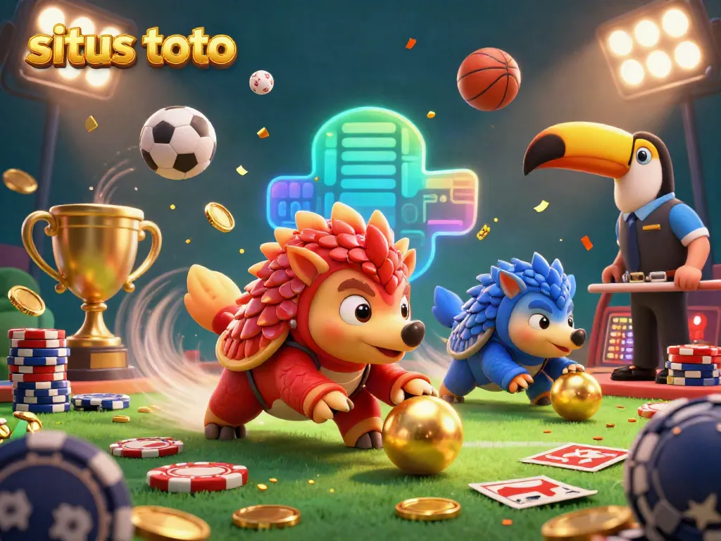 Situs toto showcases rival pangolins in an exciting betting scene, rolling through chips with sports balls and confetti.