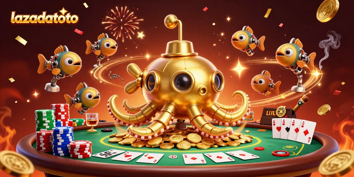 Melihat permainan kartu poker di lazadatoto dengan kraken emas dan ikan mekanik di lautan koin.