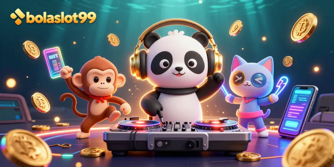 Bolaslot99 showcases a lively gambling scene with a DJ panda and engaging characters in dynamic celebration.