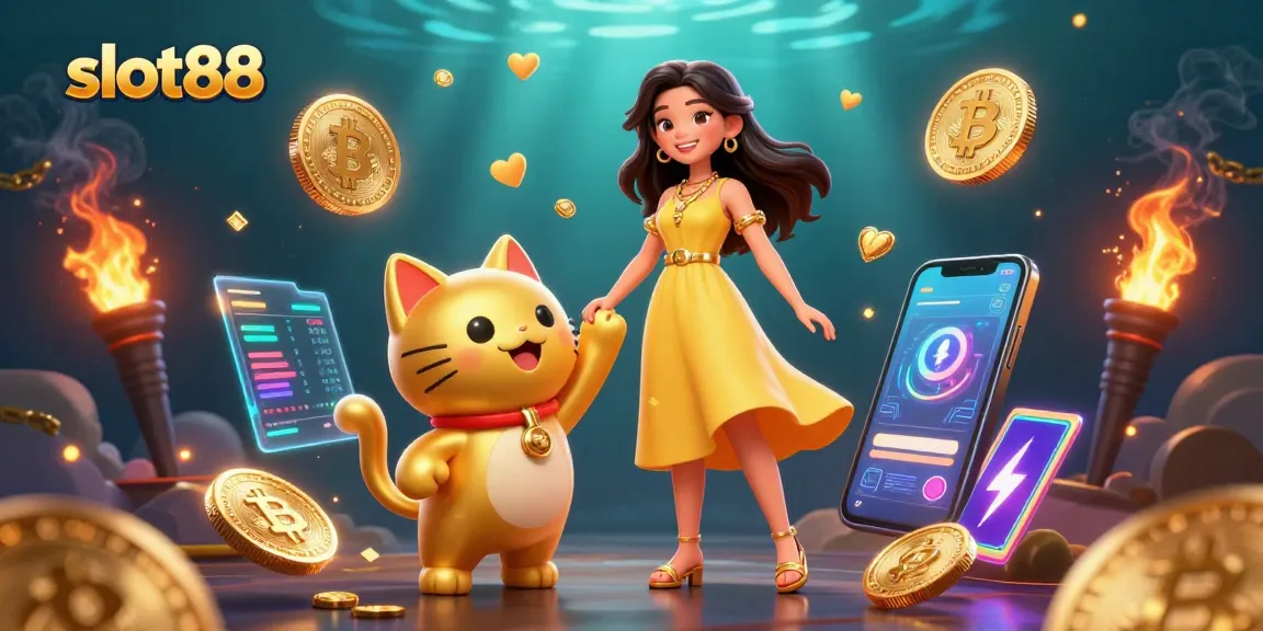 Win big at slot88 with a cheerful woman and a lucky cat, surrounded by crypto coins and confetti.