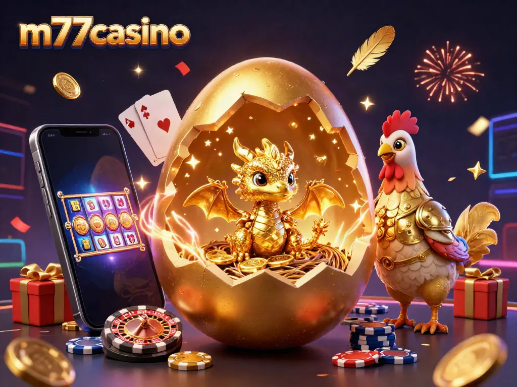 Gambarkan m77casino dengan naga emas dan permainan slot yang berkilau.