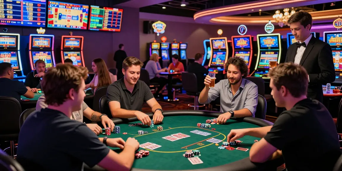 Exciting poker game at the Sga33 casino with vibrant players and neon lights.