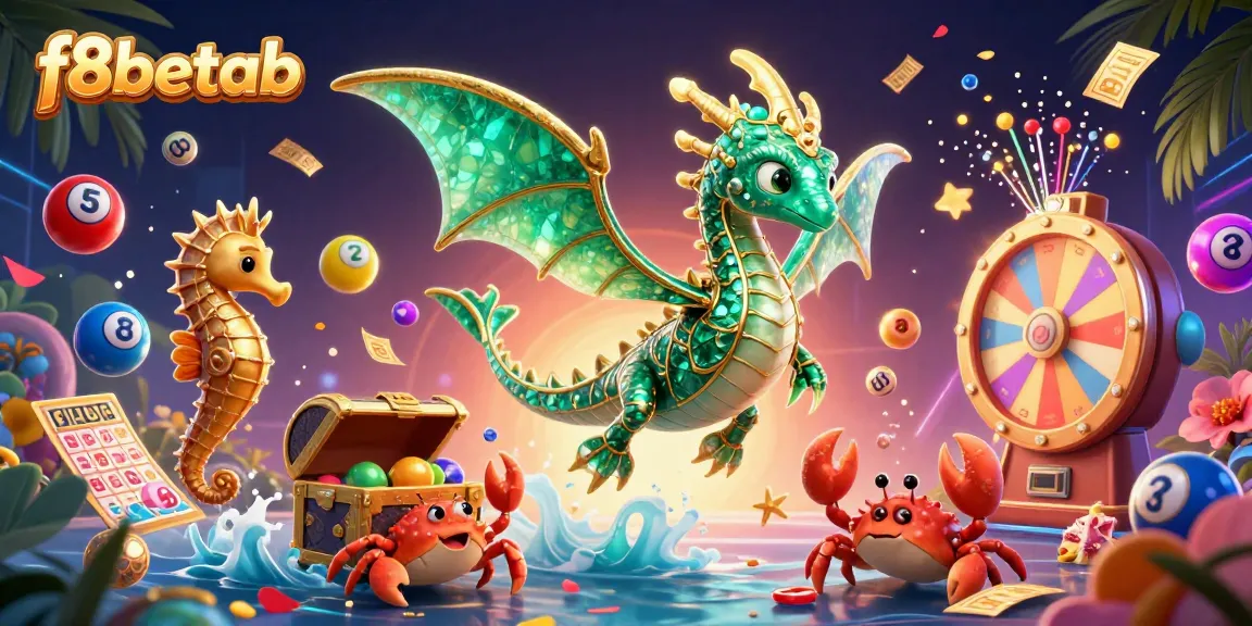Join the excitement of f8betab with vibrant lottery balls, an emerald sea dragon, and dynamic game elements.