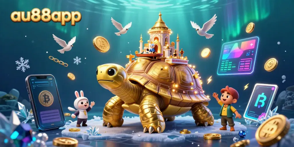 Engage in thrilling gameplay at au88app with a dynamic casino scene featuring a golden tortoise and vibrant crypto elements.