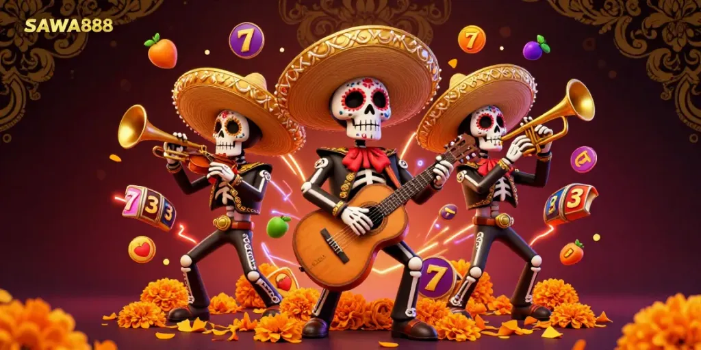 Engage with SAWA888's vibrant 3D illustration featuring a mariachi band with a lively casino theme, highlighting slot game excitement.