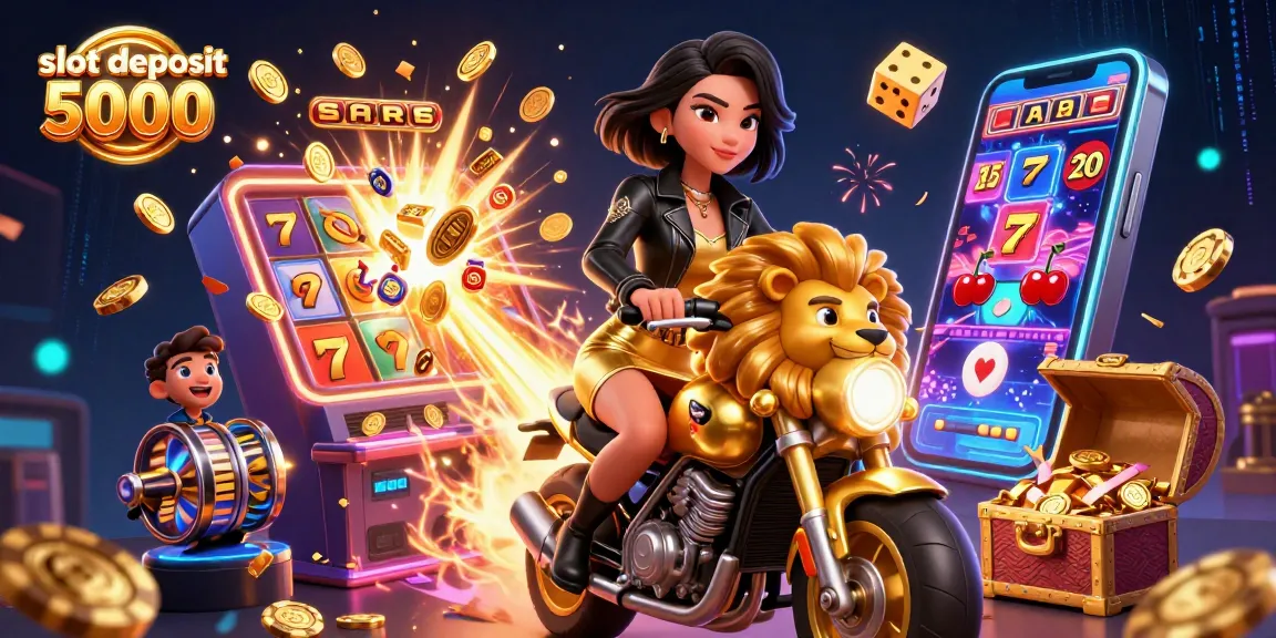 Spin the reels and win big with slot deposit 5000 action in this vibrant 3D casino scene.