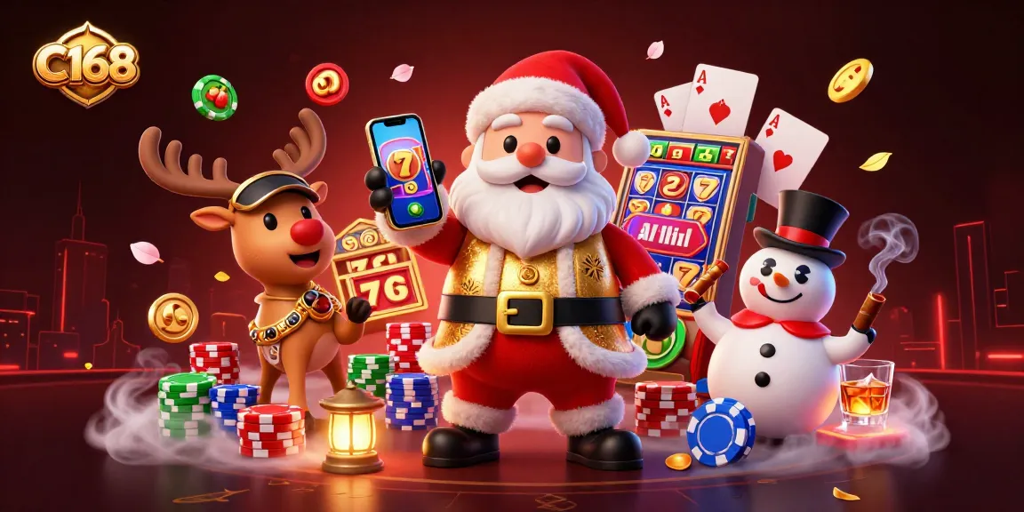 C168 captures exciting moments in a vibrant casino scene with Santa, his reindeer, and a snowman.