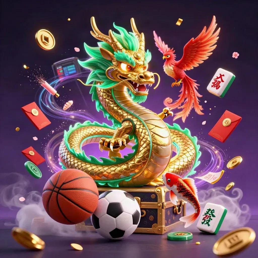 Naga emas 3D melingkar di atas bola basket, phoenix merah dan koi di neon hijau-emas