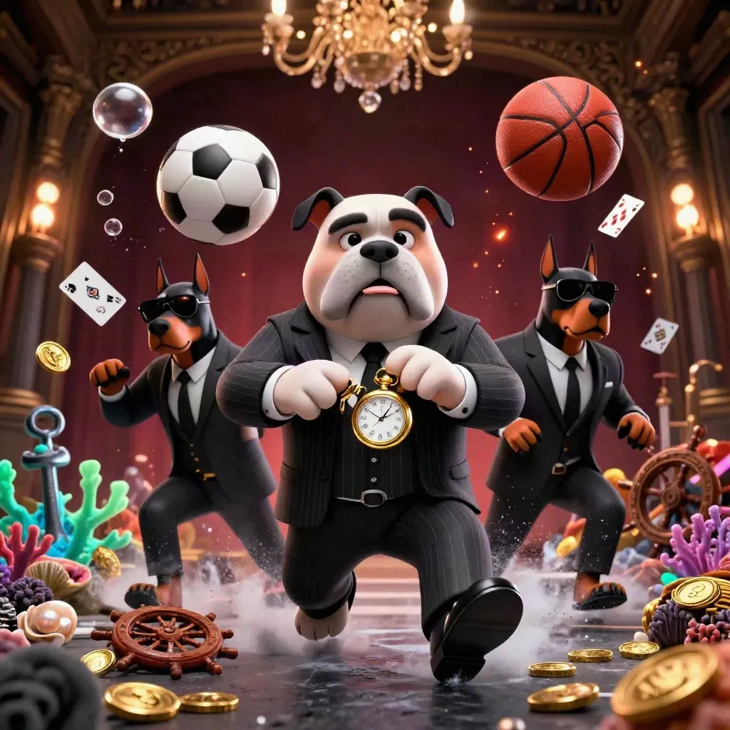 Bulldog mafia dan dua Doberman di antara koin emas, bola, kartu, dan coral neon.