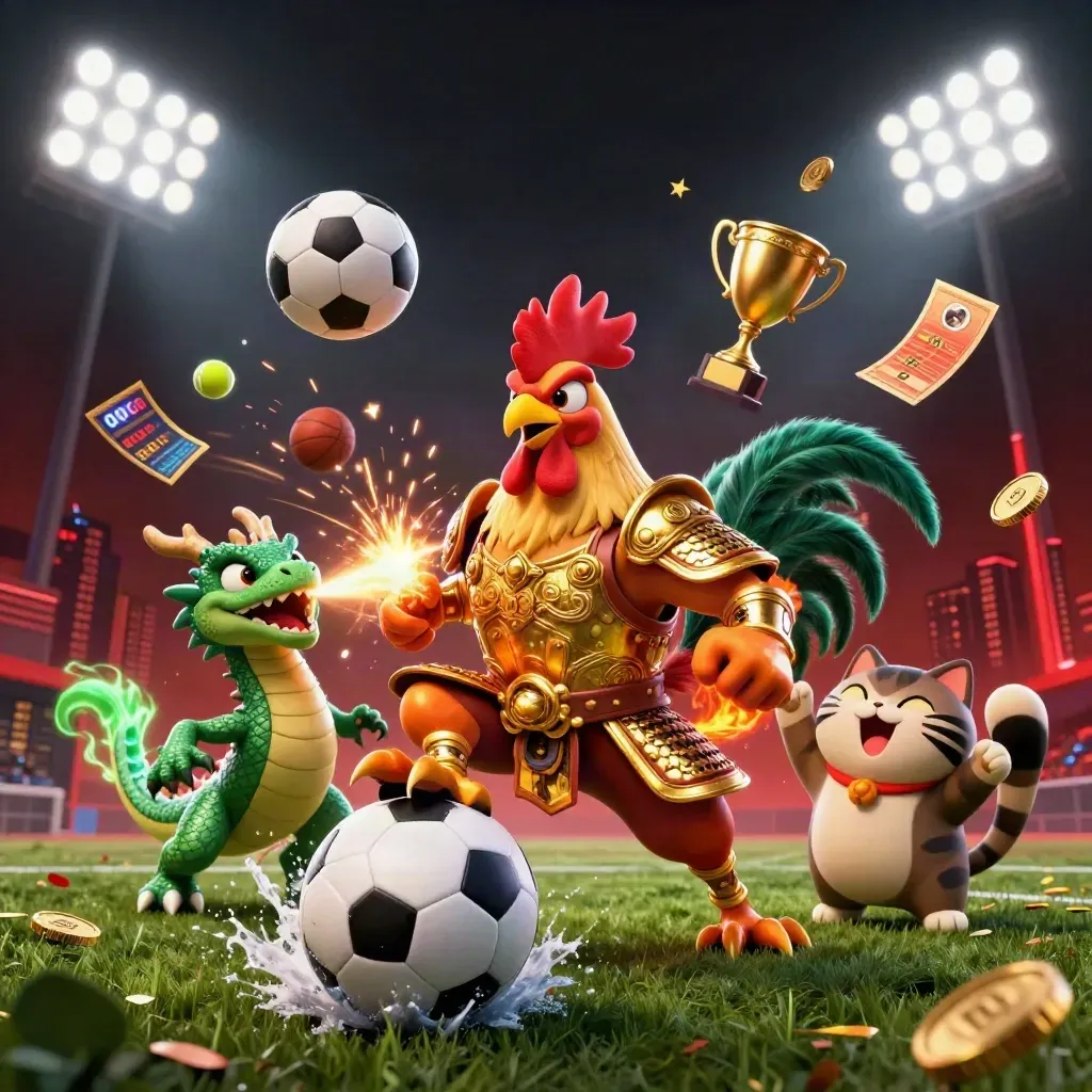 Ayam samurai emas, naga kecil, dan kucing hoki di adegan bola malam futuristik.