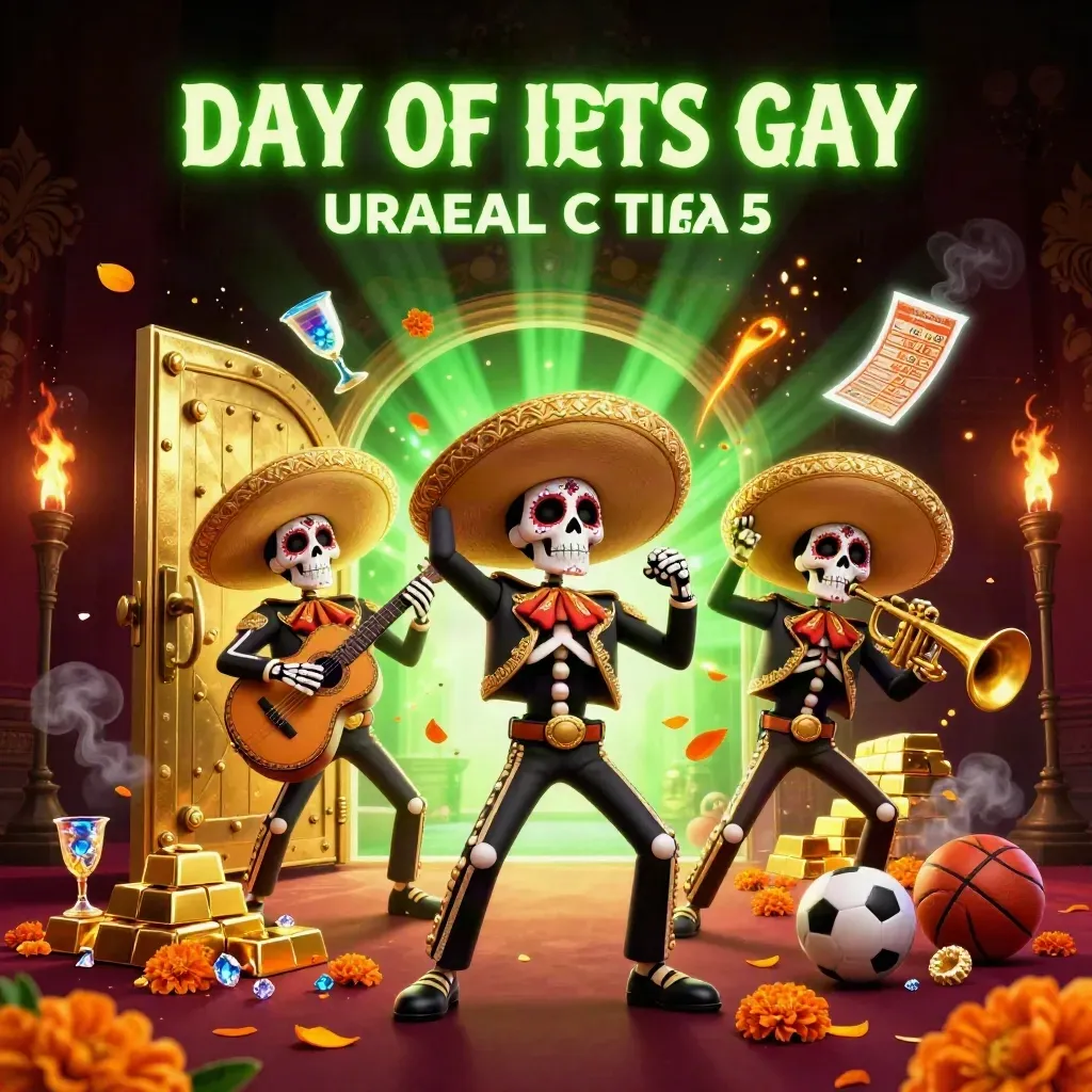 Tiga skeleton mariachi 3D di depan brankas emas, cahaya neon hijau, koin dan permata berhamburan.