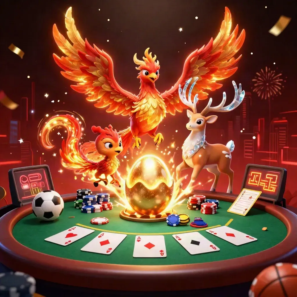 Phoenix, anak phoenix, dan rusa kristal di atas meja poker, penuh koin dan efek neon.