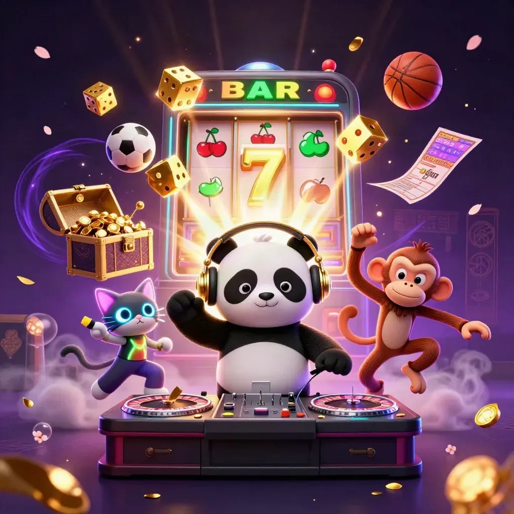 Panda DJ, monyet breakdance, dan kucing neon dikelilingi slot, koin, dan bola olahraga meledak.