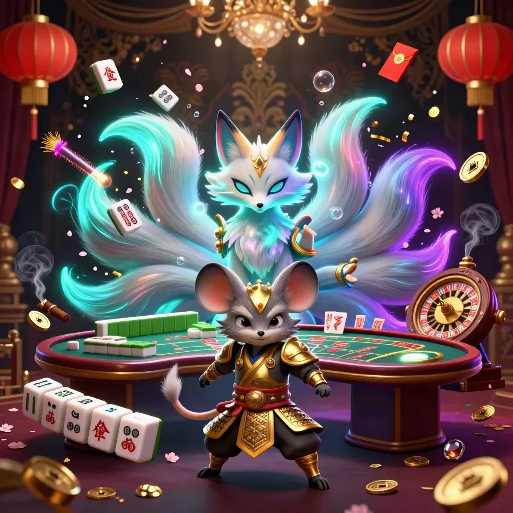 Rubah roh berekor sembilan dan tikus samurai di kasino neon emas, latar damask mewah.