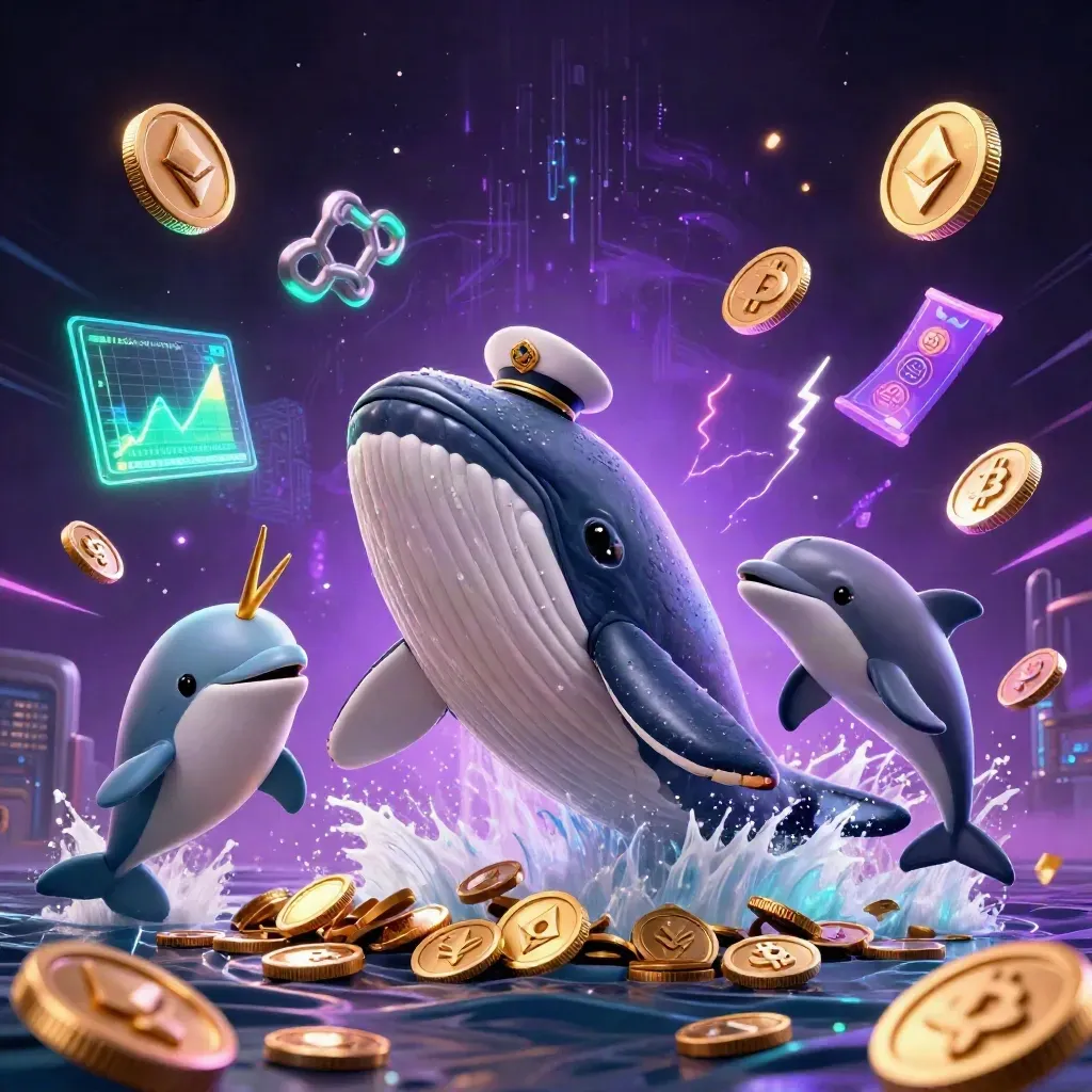 Seekor paus kapten, narwhal, dan lumba-lumba dikelilingi koin kripto neon di latar galaksi gelap.