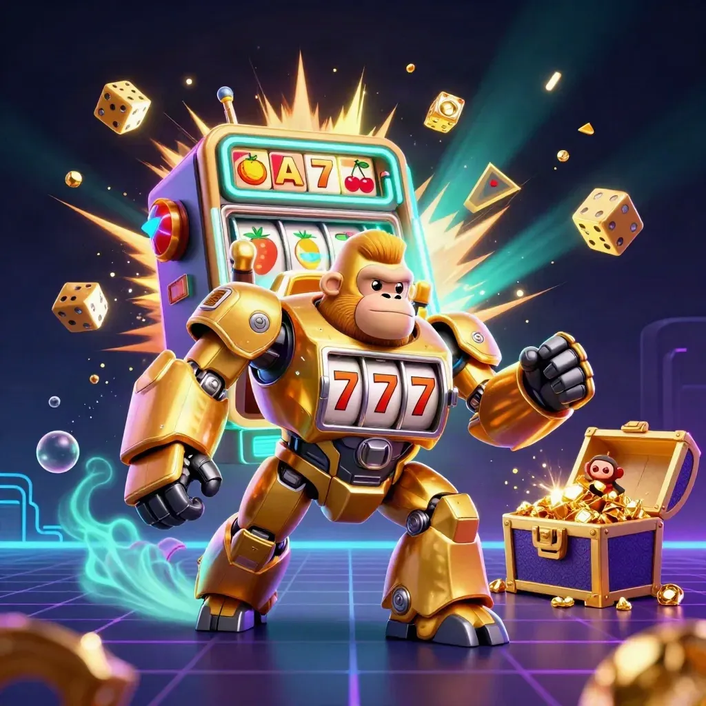 Gorila mech emas dan monyet pilot di tengah ledakan jackpot, koin, dan simbol slot.
