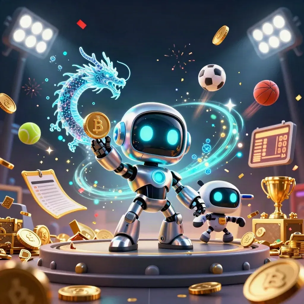 Robot cyberpunk, naga holografik, dan drone koin di tengah ledakan emas dan bola olahraga.