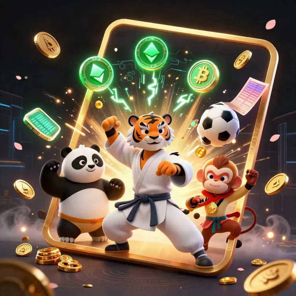 Macan kung-fu, panda, dan monyet di tengah ledakan koin emas dan aura kasino neon.