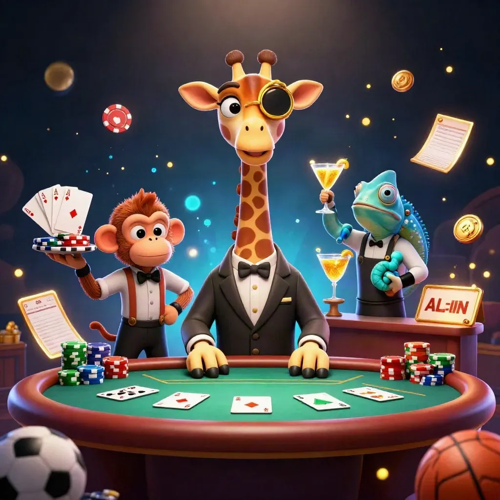Giraffe jas, monyet valet, dan bunglon bartender di meja poker mewah, penuh chip dan kilau emas.